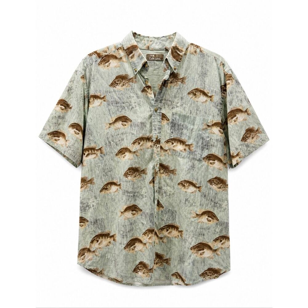 Cafe Luna Fish Print Button Down Shirt Men’s XL Coastal Fishing Hawaiian Short S